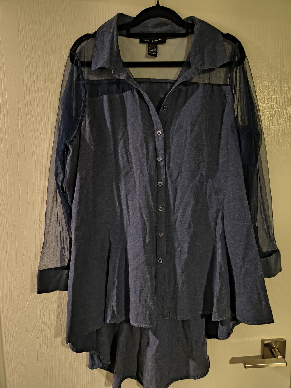 Ashley Stewart Navy Sheer-Yoke Button-Front Tunic